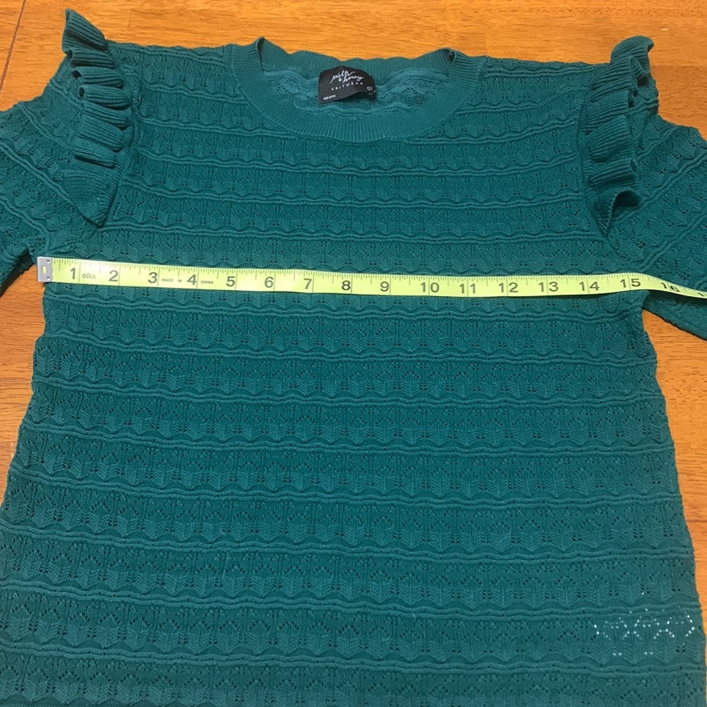 Milk & Honey Women's Size L Green Knit Ruffle Long Sleeve Pointelle Sweater Top - Picture 9 of 10